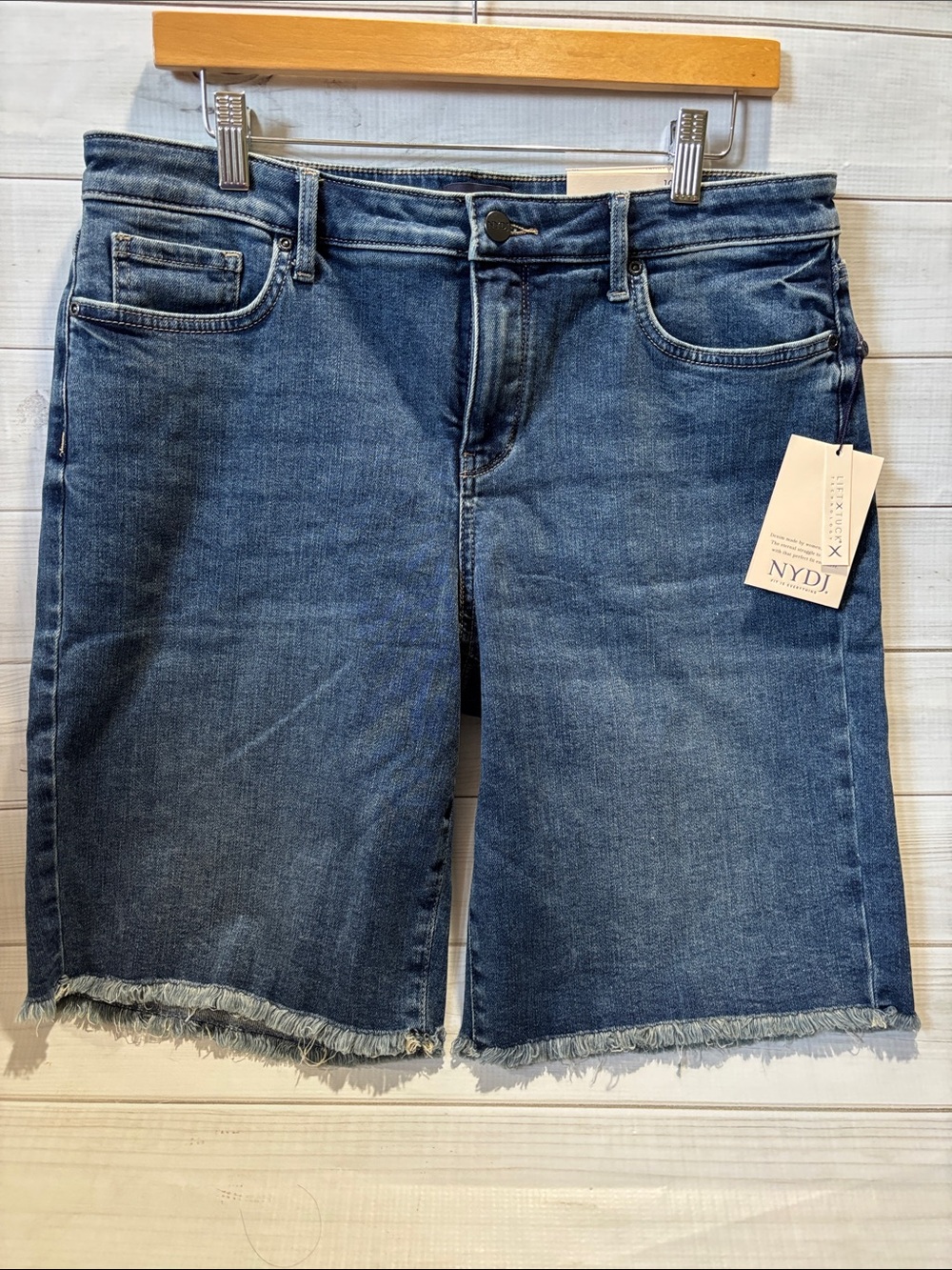 NYDJ Medium Blue Denim Bermuda Shorts with Frayed Hem